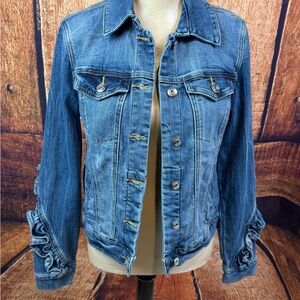 INC International Concepts Blue Denim Jacket with Ruffle Details